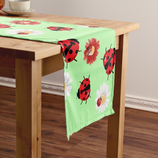 Cute red polka dot Ladybug flower summer Girly Short Table Runner (In Situ)