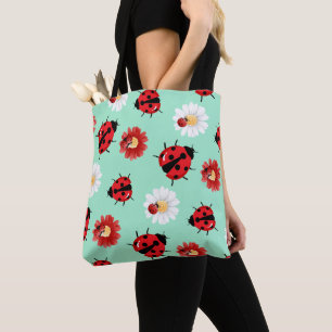 Cute red polka dot Ladybug flower summer Girly Tote Bag