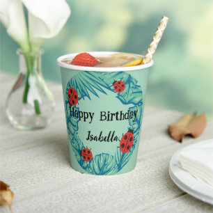 Cute red Polka dot Ladybug Jungle Leaf Birthday Paper Cups