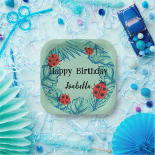 Cute red Polka dot Ladybug Jungle Leave Birthday  Paper Plate