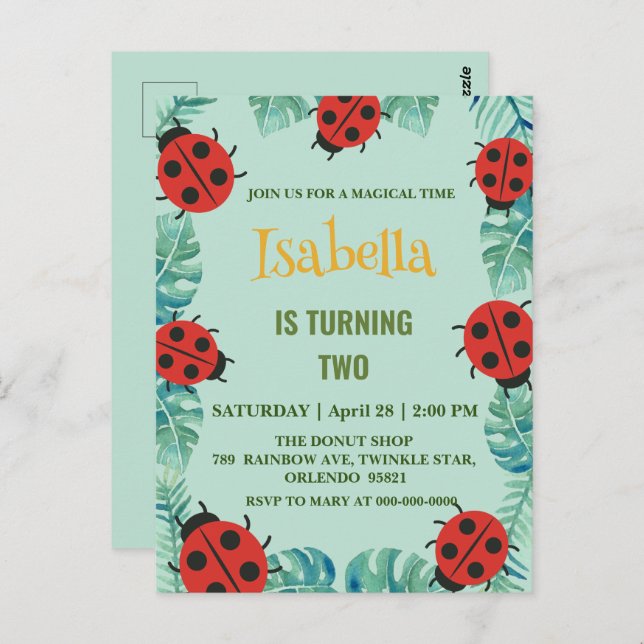 Cute red Polka dot Ladybug Jungle Leave Birthday  Postcard (Front/Back)
