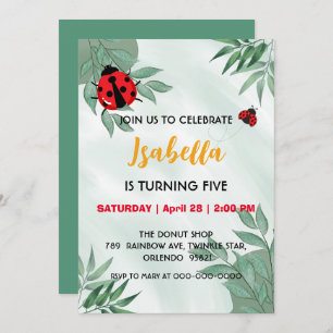 Cute red Polka dot Ladybug leaf jungle Birthday Invitation