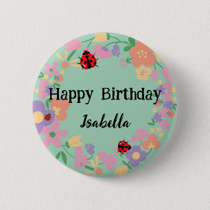 Cute red Polka dot Ladybug Spring Flower Birthday 2 Inch Round Button