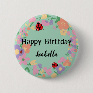 Cute red Polka dot Ladybug Spring Flower Birthday  2 Inch Round Button