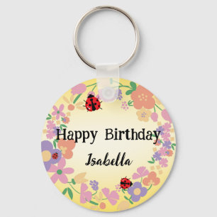 Cute red Polka dot Ladybug Spring Flower Birthday  Keychain