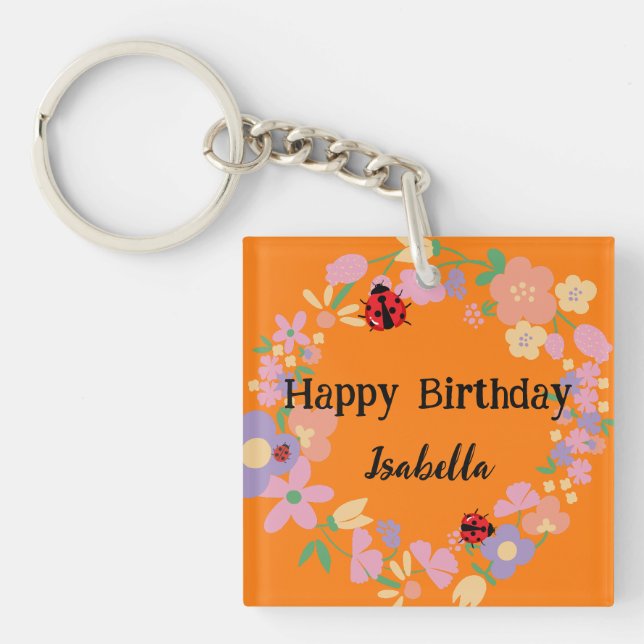 Cute red Polka dot Ladybug Spring Flower Birthday  Keychain (Front)
