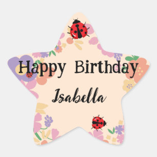 Cute red Polka dot Ladybug Spring Flower Birthday  Star Sticker