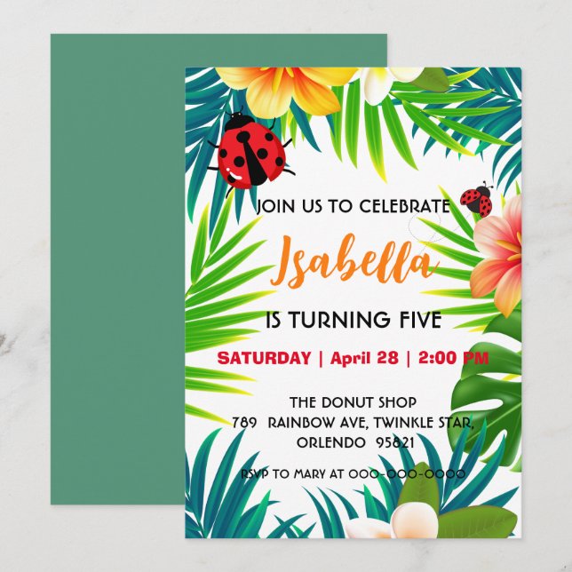 Cute red Polka dot Ladybug summer jungle Birthday  Invitation (Front/Back)
