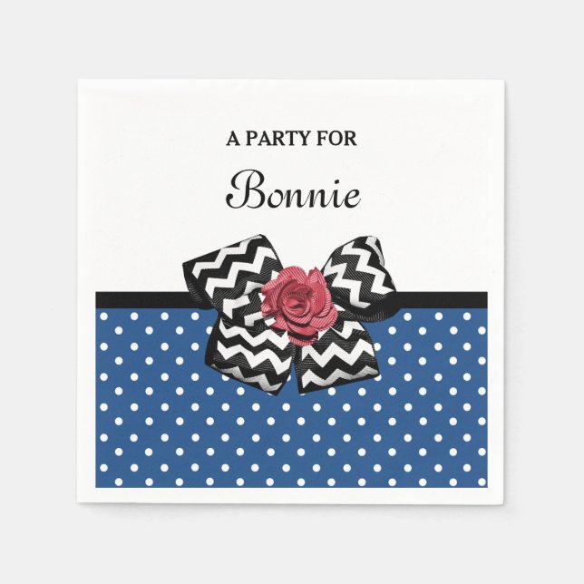Cute Red Polka Dots With Chevron Rose Bow and Name Napkin (Front)