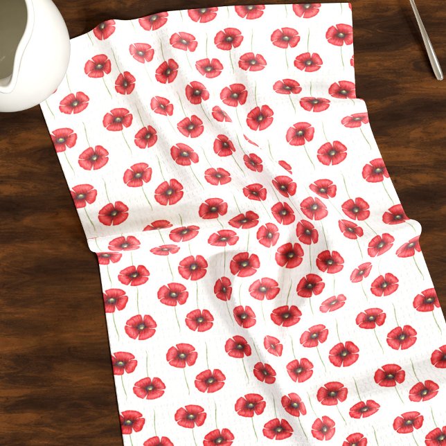 Cute Red Poppies on White Floral Kitchen Towel (A cute poppy pattern kitchen towel that will look fabulous in your kitchen)