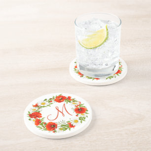 Cute Red Poppy White Yellow Daisy Flowers Wreath Coaster