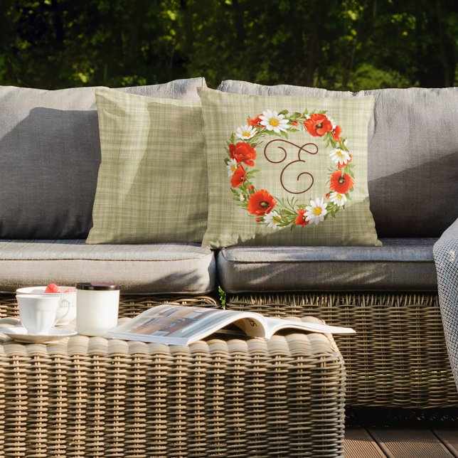 Cute Red Poppy White Yellow Daisy Flowers Wreath Outdoor Pillow (Creator Uploaded)