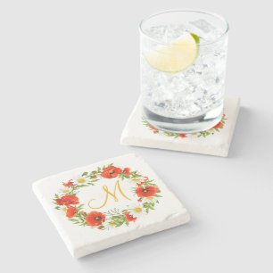 Cute Red Poppy White Yellow Daisy Flowers Wreath Stone Coaster