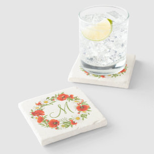 Cute Red Poppy White Yellow Daisy Flowers Wreath Stone Coaster