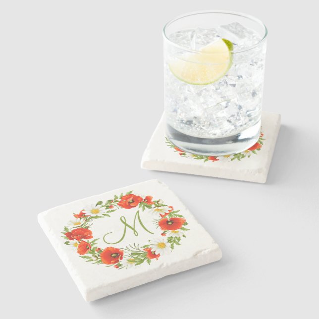 Cute Red Poppy White Yellow Daisy Flowers Wreath Stone Coaster (Side)