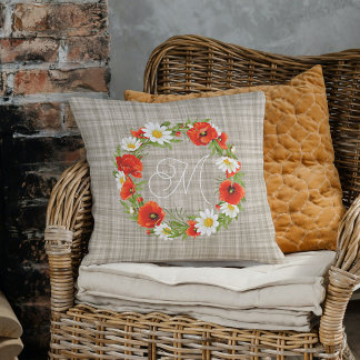 Cute Red Poppy White Yellow Daisy Flowers Wreath Throw Pillow