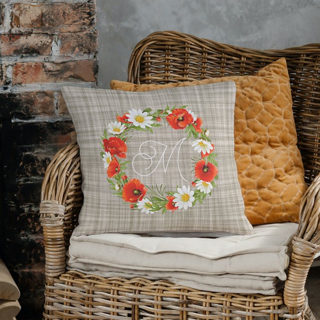Cute Red Poppy White Yellow Daisy Flowers Wreath Throw Pillow (Creator Uploaded)