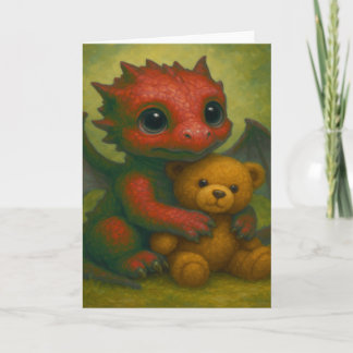 Cute Red Puppy-Eyed Baby Dragon with Teddy Bear Card