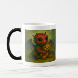 Cute Red Puppy-Eyed Baby Dragon with Teddy Bear Magic Mug