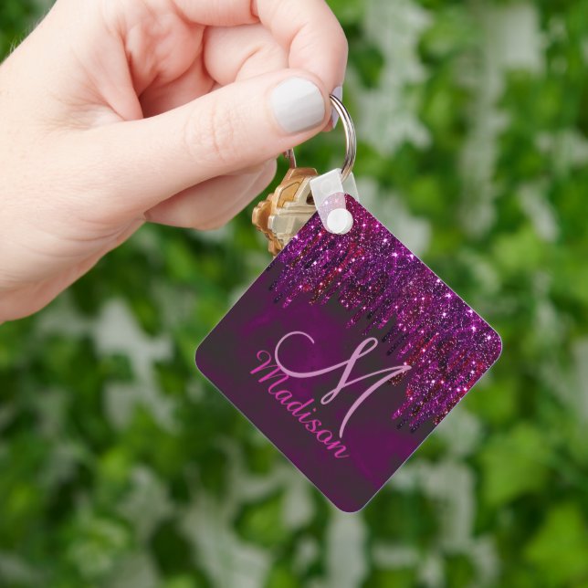 Cute red purple Unicorn Glitter Drips monogram Keychain (Hand)