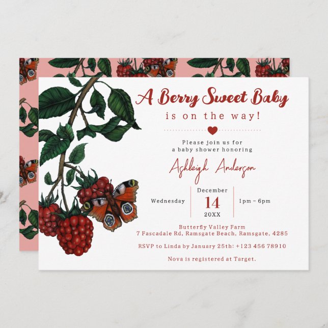 Cute Red Raspberry Berry Sweet Baby Shower Invitation (Front/Back)