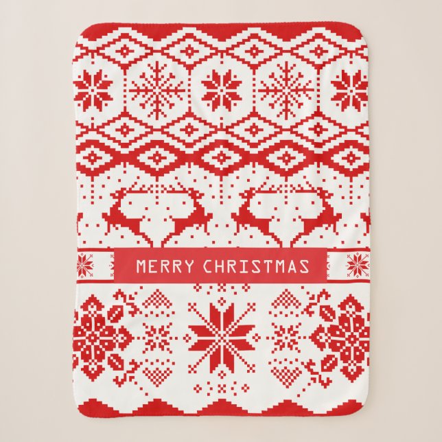 Cute Red Reindeer And Snowflakes Sherpa Blanket (Front)