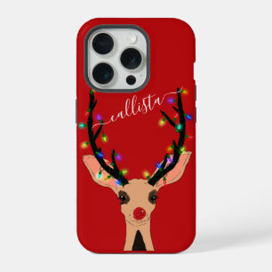 Cute Red Reindeer Deer Glowing Christmas Lights iPhone 15 Pro Case