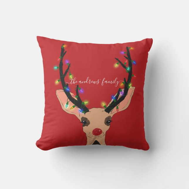 Cute Red Reindeer Deer Glowing Christmas Lights Outdoor Pillow (Front)