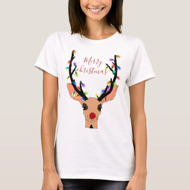 Cute Red Reindeer Deer Glowing Christmas Lights T-Shirt (Front)