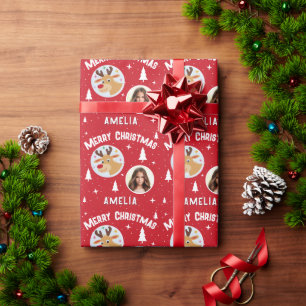Cute Red Reindeer Kid`s Name Photo Merry Christmas Wrapping Paper