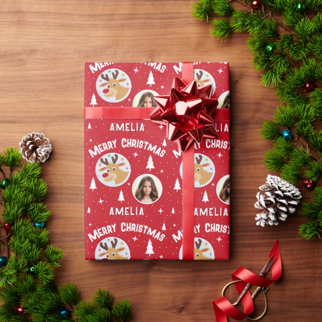 Cute Red Reindeer Kid`s Name Photo Merry Christmas Wrapping Paper (Holiday Gift)