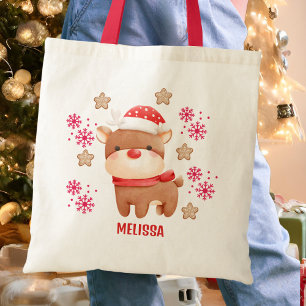 Cute Red Reindeer Name Tote Bag