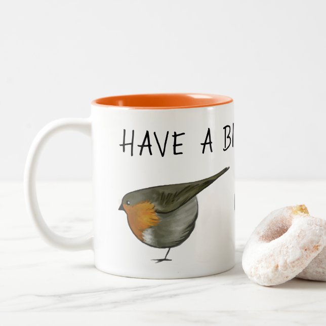 Cute red robin bird coffee mug illustration (With Donut)