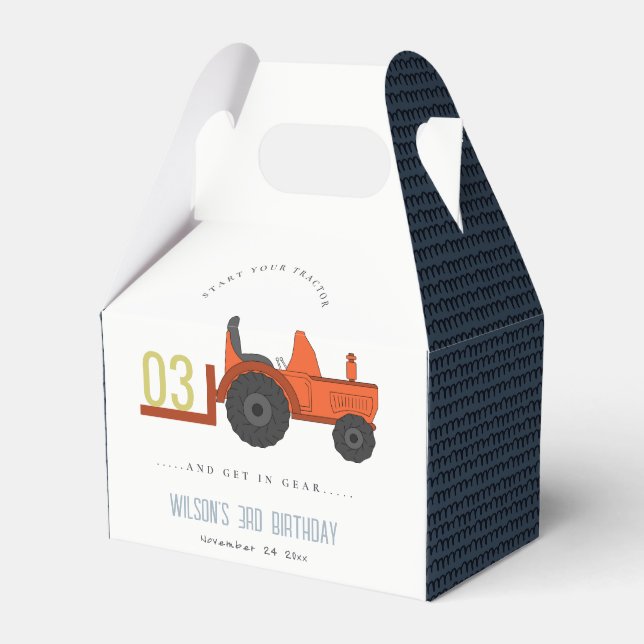 Cute Red Rust Farm Tractor Kids Any Age Birthday Favor Box (Front Side)