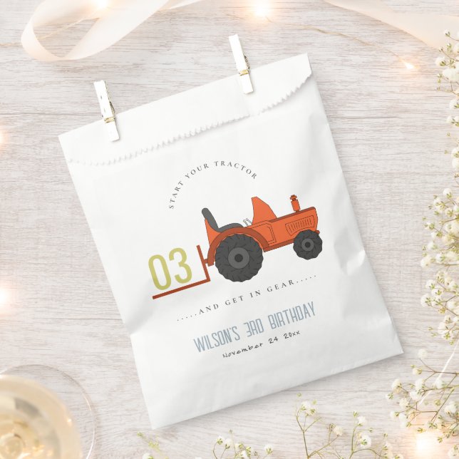 Cute Red Rust Farm Tractor Kids Any Age Birthday Favour Bag (Clipped)
