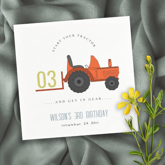 Cute Red Rust Farm Tractor Kids Any Age Birthday Napkin (Creator Uploaded)