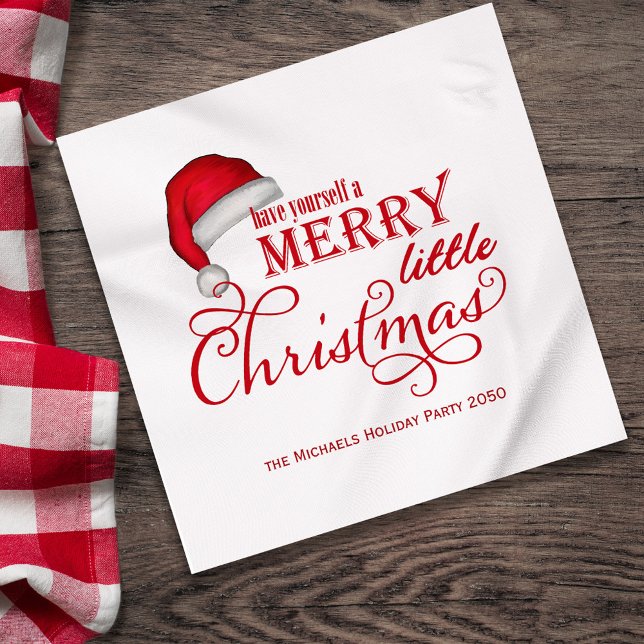 Cute Red Santa Claus Hat Custom Napkin (Have yourself a merry little Christmas holiday custom cocktail napkin,)