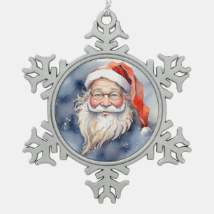 Cute Red Santa Claus Portrait Holiday Watercolor Snowflake Pewter Christmas Ornament