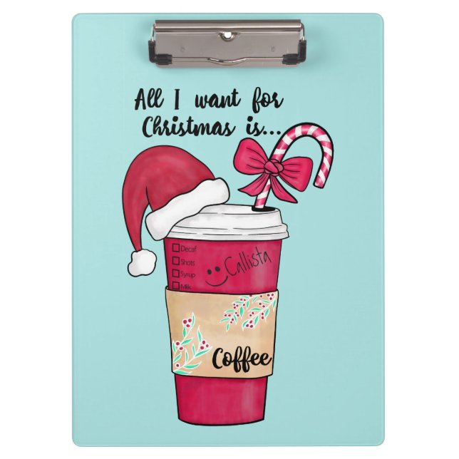 Cute Red Santa Hat Coffee Candy Cane Christmas Clipboard (Front)