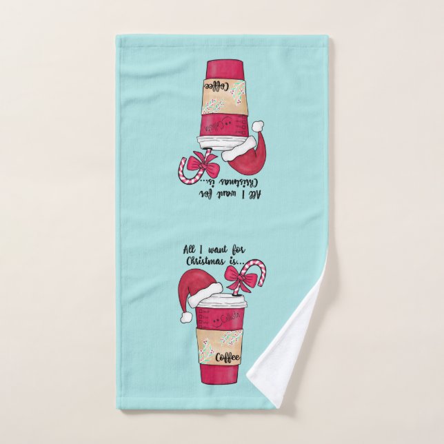 Cute Red Santa Hat Coffee Candy Cane Christmas Hand Towel (Hand Towel)