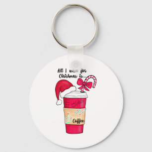 Cute Red Santa Hat Coffee Candy Cane Christmas Keychain