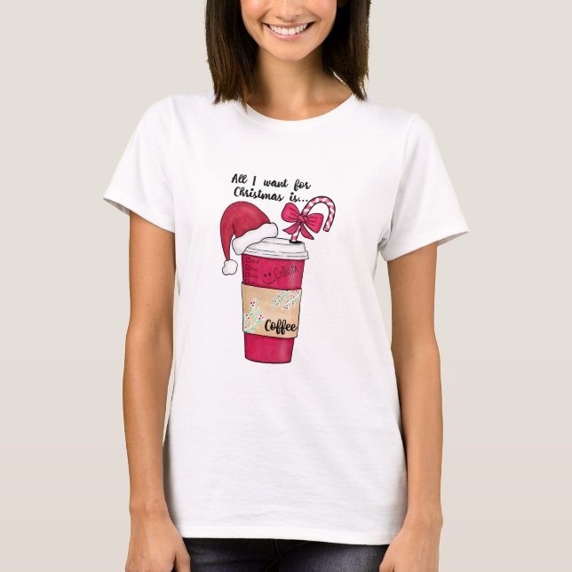 Cute Red Santa Hat Coffee Candy Cane Christmas T-Shirt (Front)
