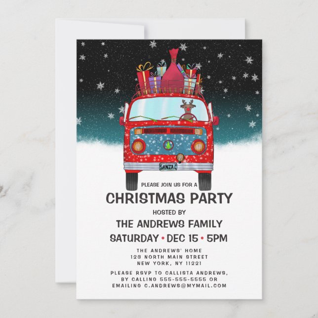 Cute Red Santa Van Reindeer Dog Snow Christmas Invitation (Front)