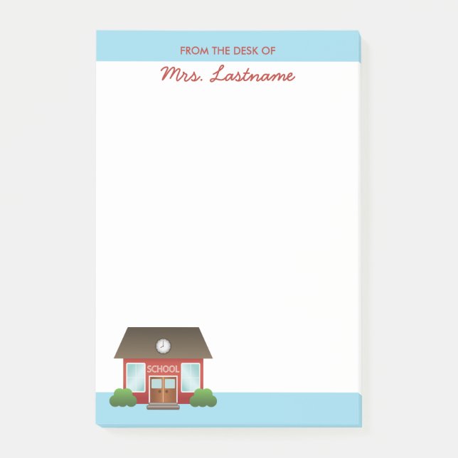 Cute Red School Building With Custom Name Post-it Notes (Front)