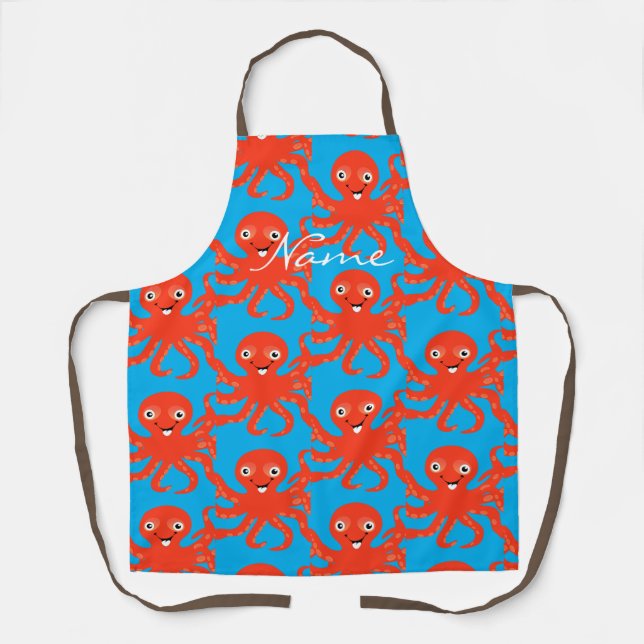 Cute Red Smiling Octopus Thunder_Cove Apron (Front)