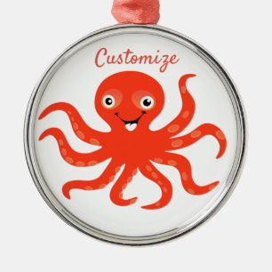 Cute Red Smiling Octopus Thunder_Cove Metal Ornament