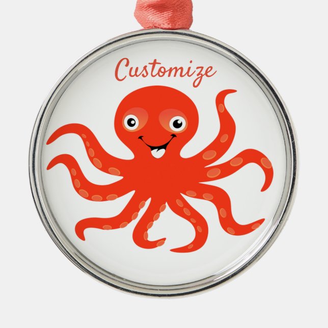 Cute Red Smiling Octopus Thunder_Cove  Metal Ornament (Front)