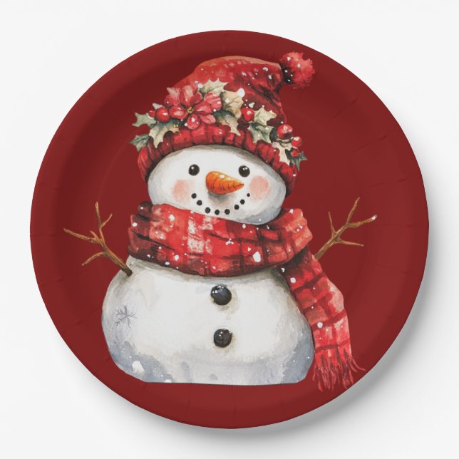 Cute Red Snowman Christmas  Paper Plate (Front)