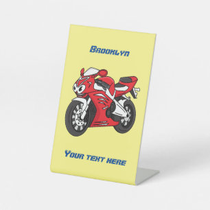 Cute red sports motorcycle cartoon pedestal sign