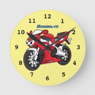 Cute red sports motorcycle cartoon  round clock